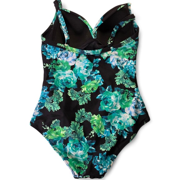 Seekers Essentials Black Blue Floral One Piece Swimsuit Tummy‎ Control US 8 NWT - Picture 2 of 9